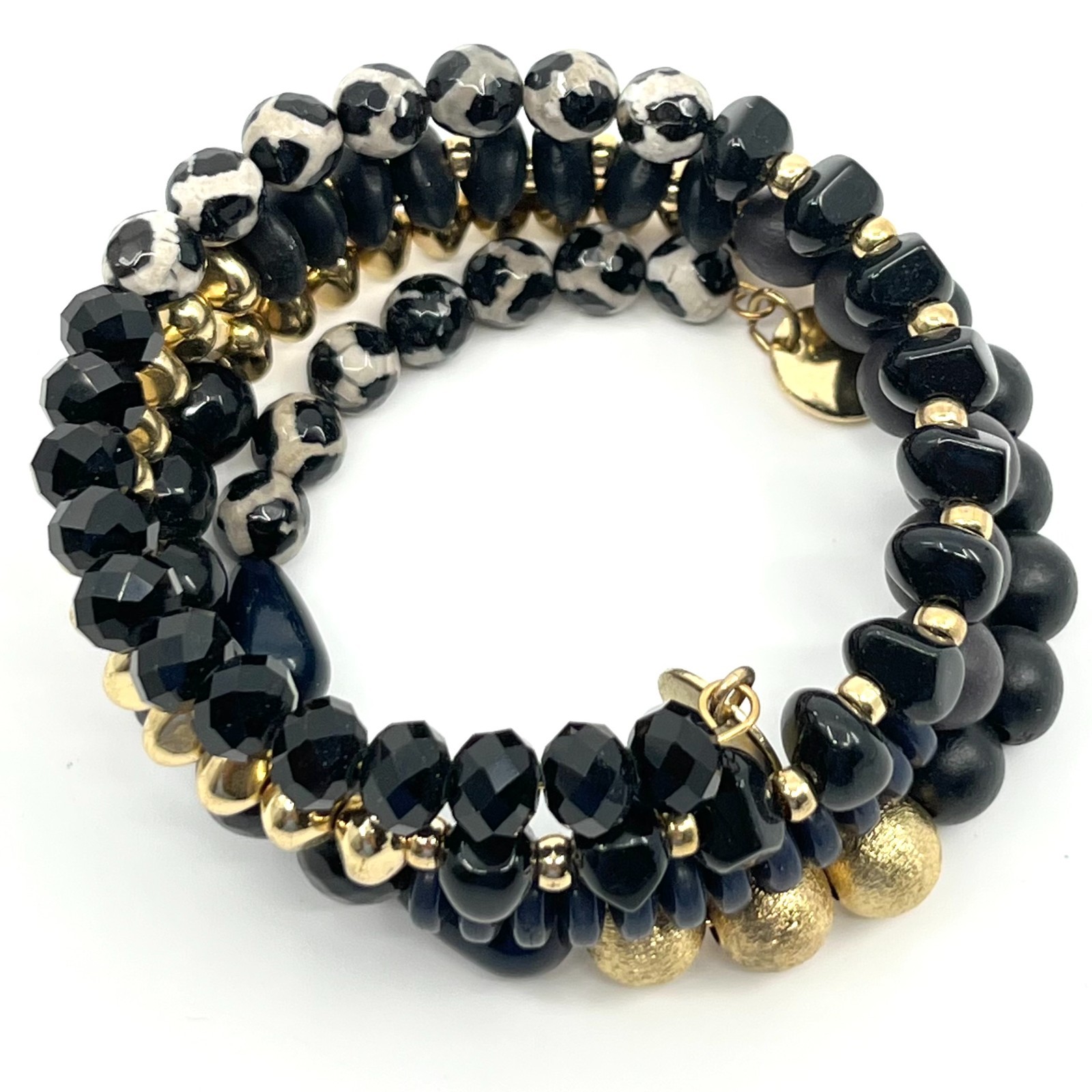 Vintage Boho Black Gold Multi-Strand Beaded Wrap Bracelet Mixed Texture Stack