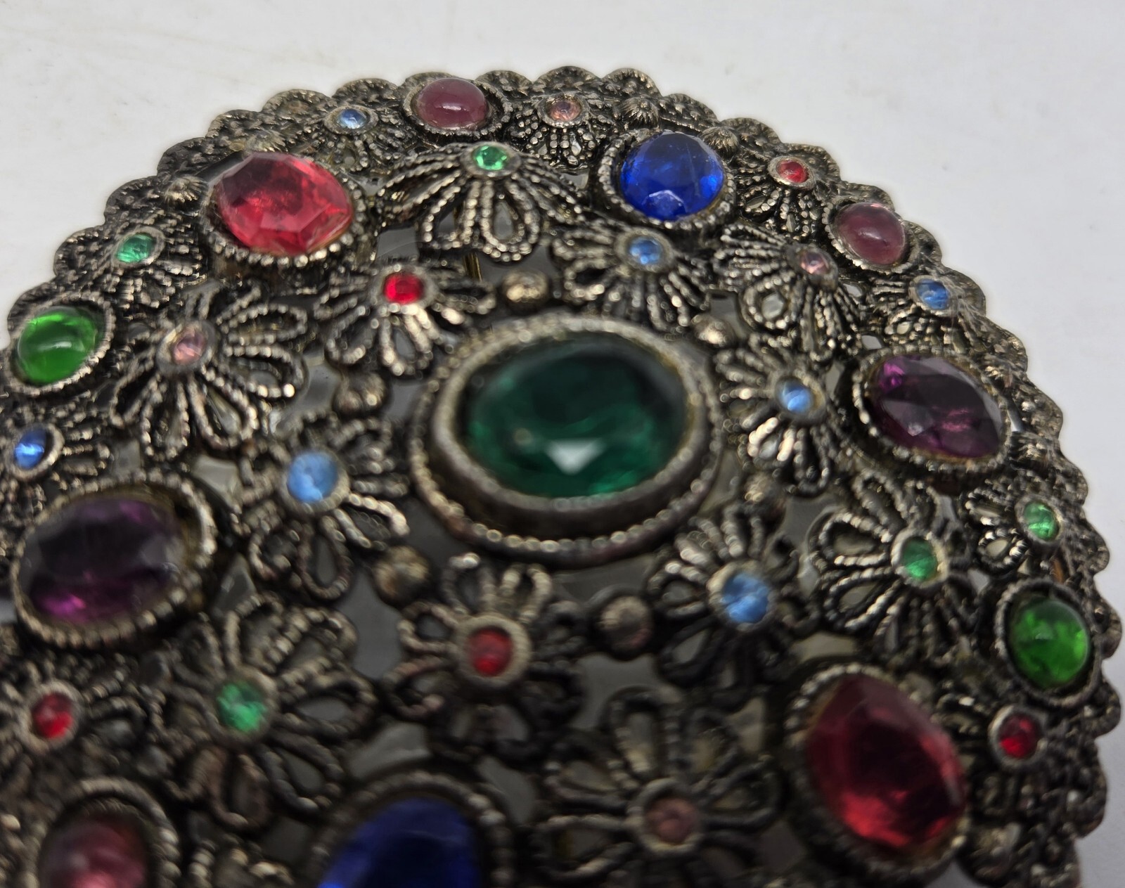 Antique New England Glass Works Rhinestone Brooch Filigree Vtg Signed Goblet