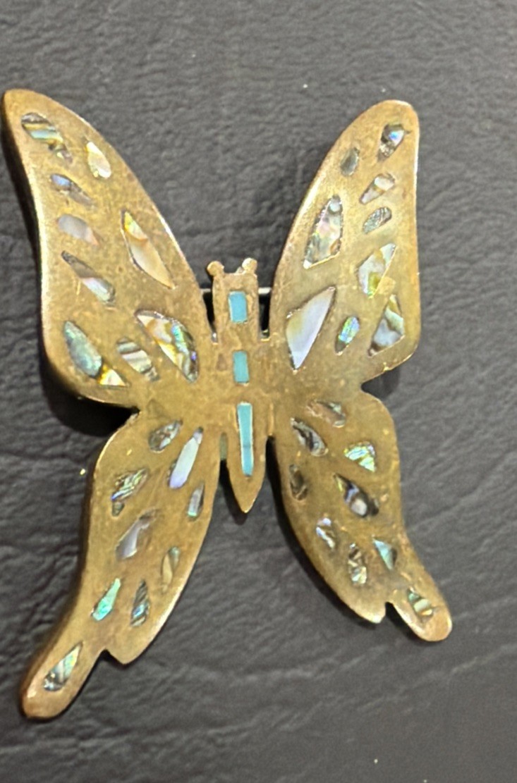 vintage Los Castillo Taxco Butterfly Brooch Inlay Mosaic Mexico Sterling Silver
