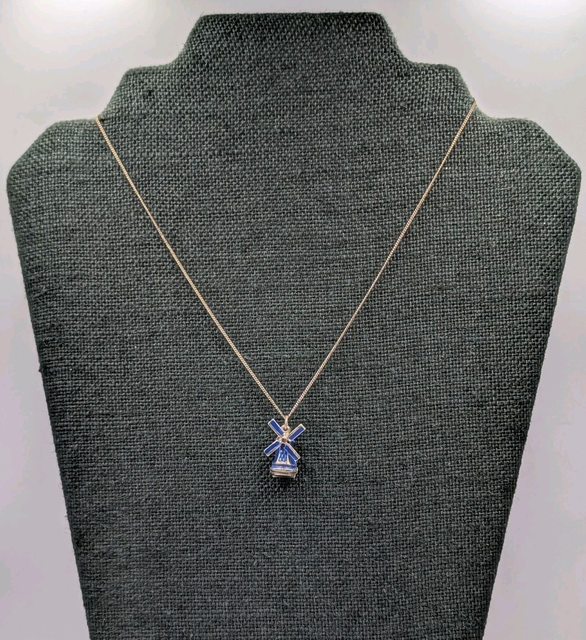 Antique 835 Silver Blue Enamel Articulated Windmill Pendant 16.75″ Curb Necklace