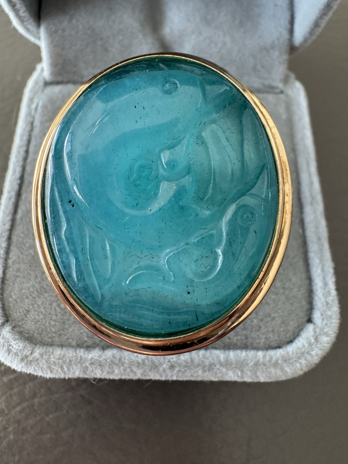 Vintage Bronze Amy Kahn Russell AKR Carved Celluloid Blue Fish Sz 9