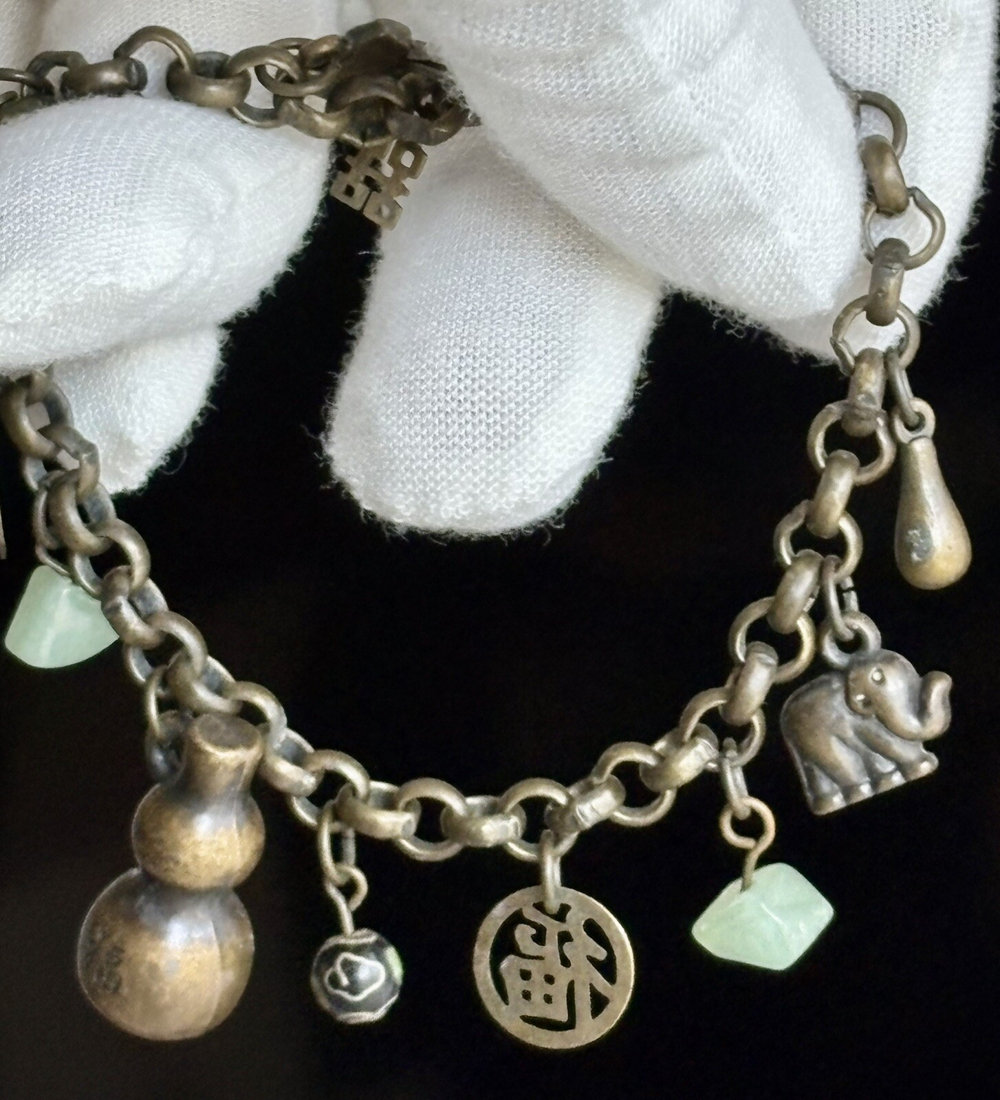 Vintage Chinese Cloisonné Charm Bracelet 7.25in Ladies Good Luck Jade 16.80g