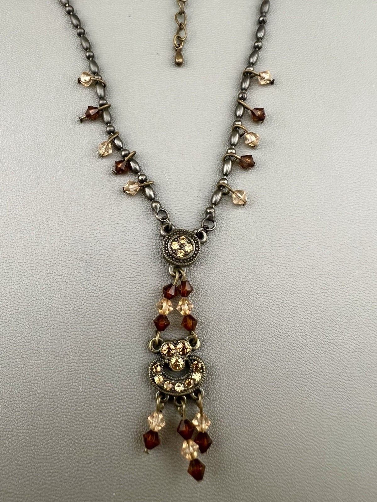 Victorian Revival Necklace Rhinestone Drop Bronze Tone Gunmetal Signed JS 19”