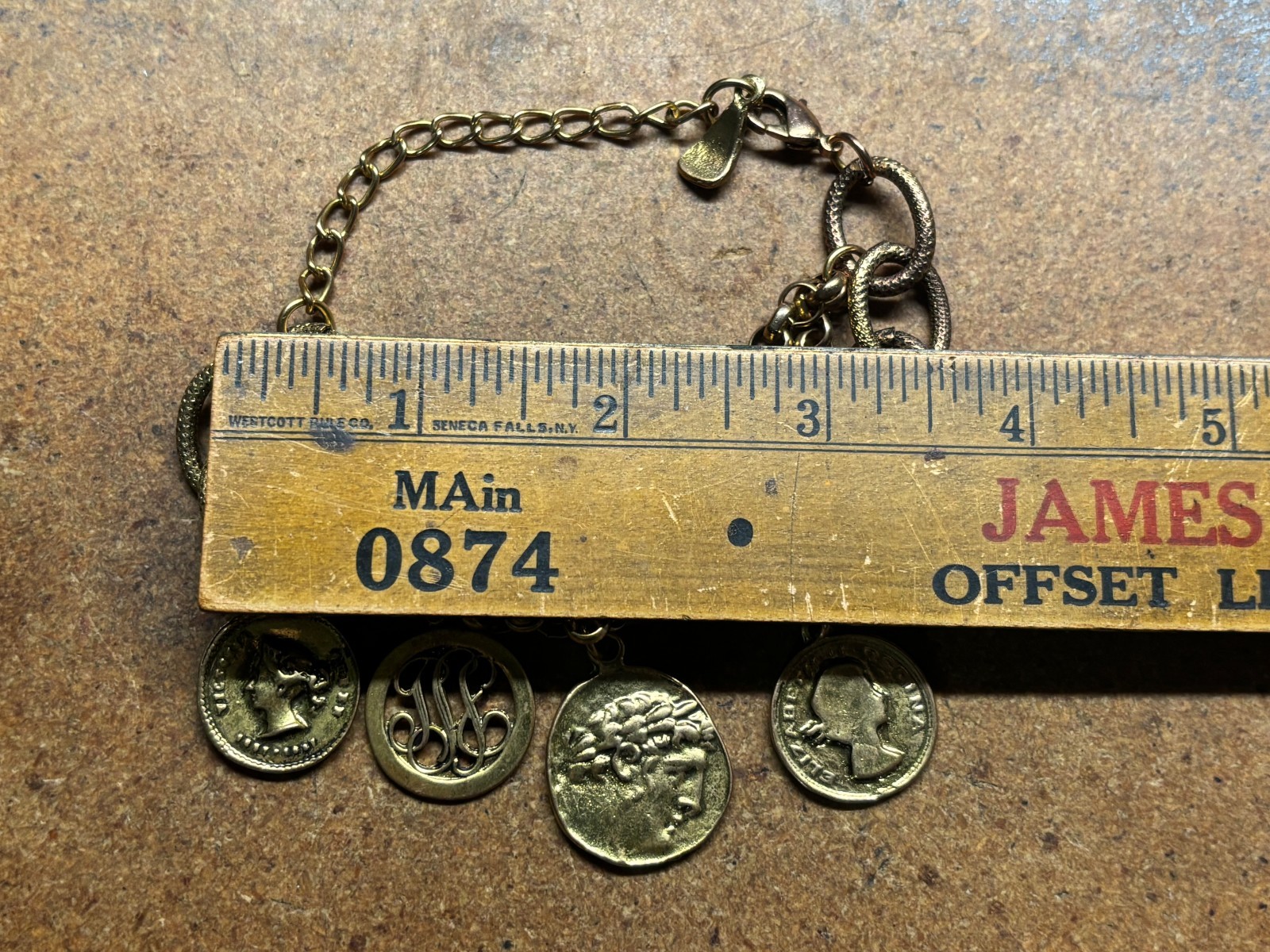 Vintage YOCHI NY Multi Chain Link GREEN ROMAN BRITISH SWISS GOLD COIN Bracelet
