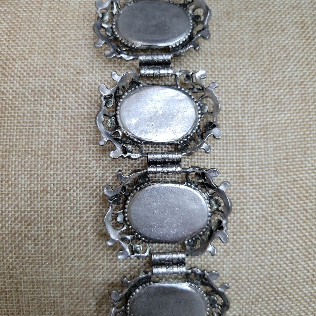 Vintage Silver Tone Faux Pearl Molded Resin Panel Bracelet 7.25in Victorian 60s