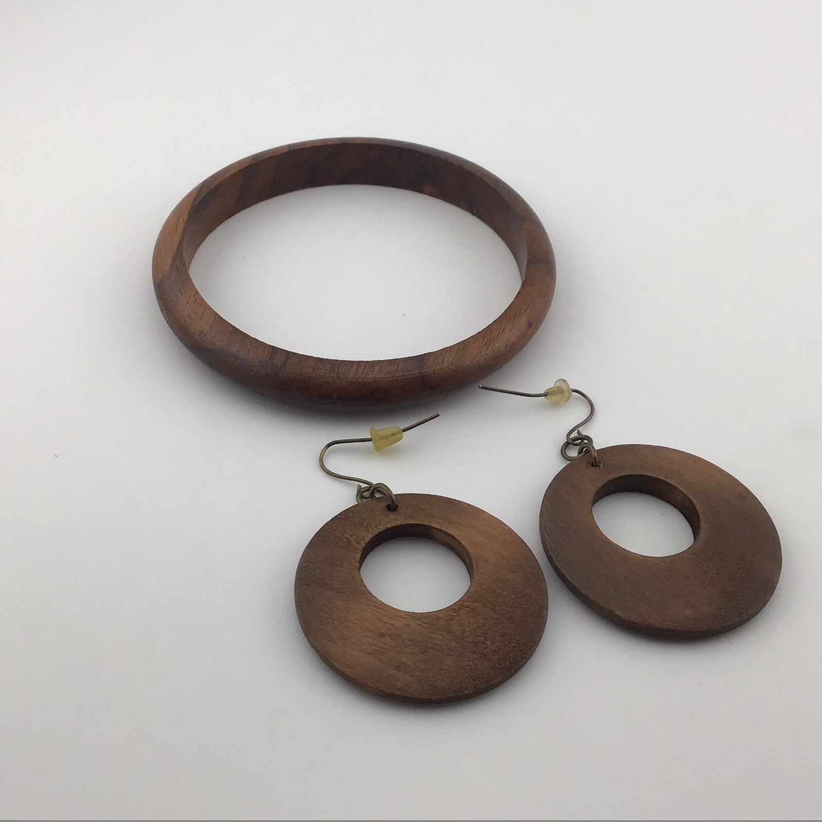 Vtg Wood 7” Bracelet 2”L Earrings Set Boho Granola Girl Nature Earthy Girl