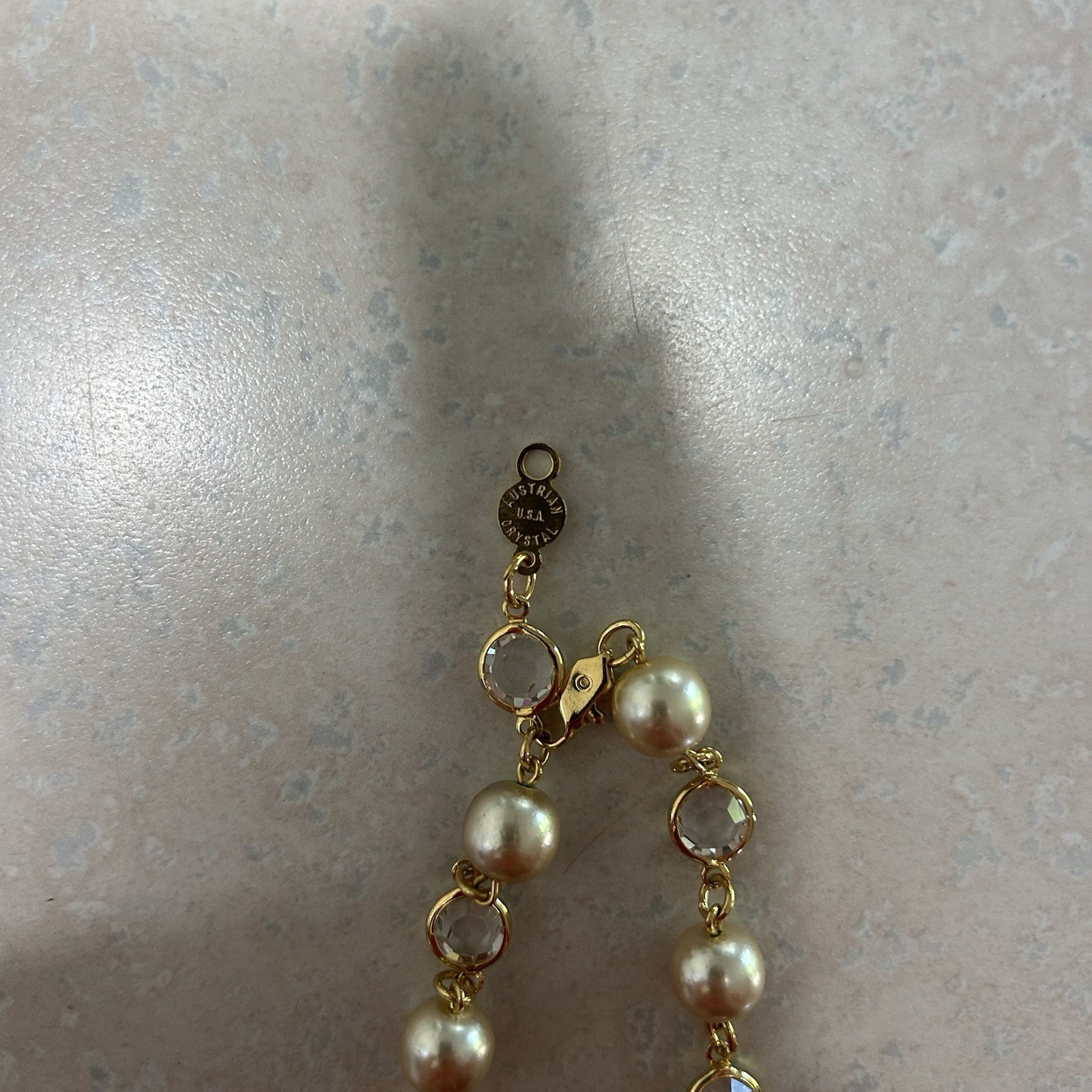 Vintage Austrian Crystal Necklace Bezel Gold Bead Signed 35” USA Made