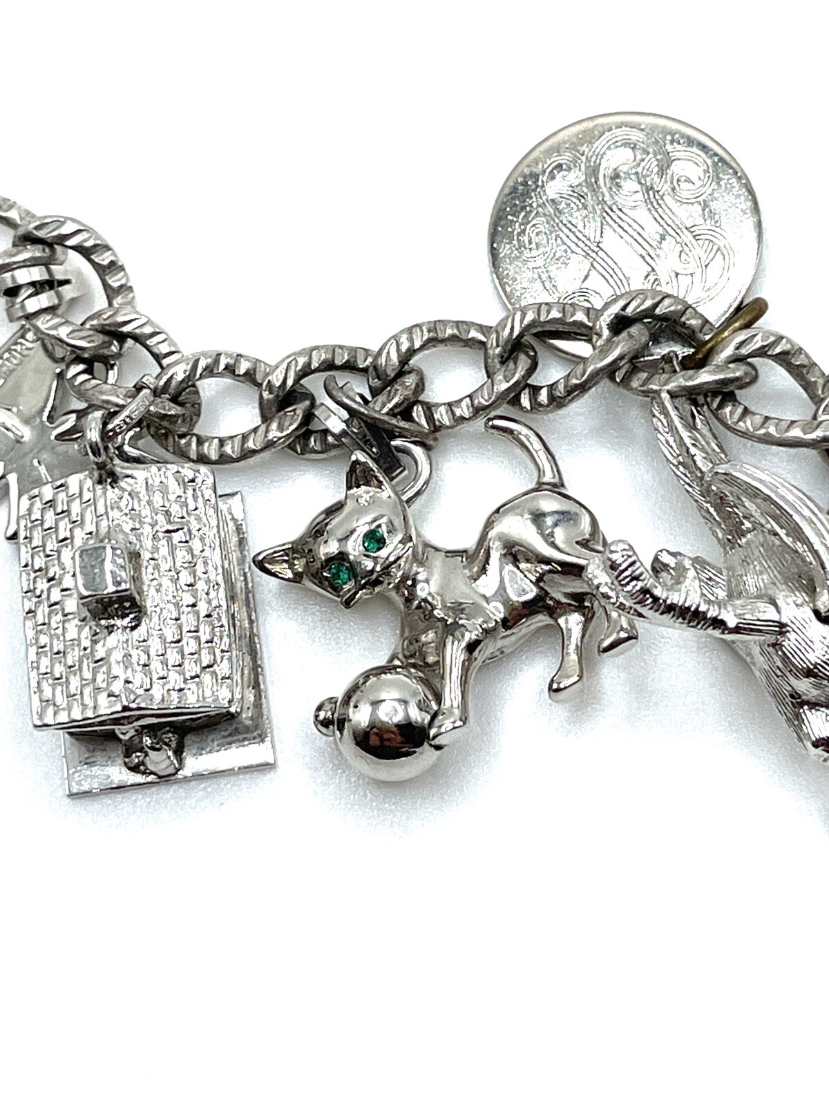 Monet Sterling Silver Articulated Figural Crystal Charm Bracelet 61.5g Vintage