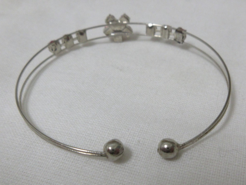 Vintage Silver Tone Pink Rhinestone Flower Cuff Bracelet 6 1/2 Inches