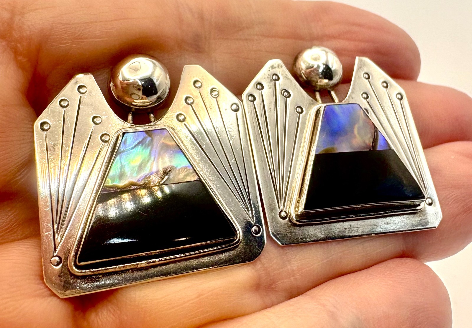 Sterling Silver 925 Black Onyx Abalone MOP Shell Angel Figure Vintage Earrings