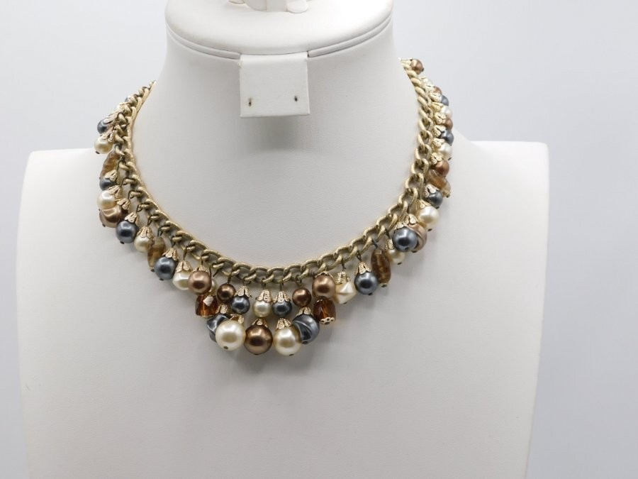 A653-VINTAGE NECKLACE~FAUX PEARLS DANGLES/GOLD TONE~14″-16.5″