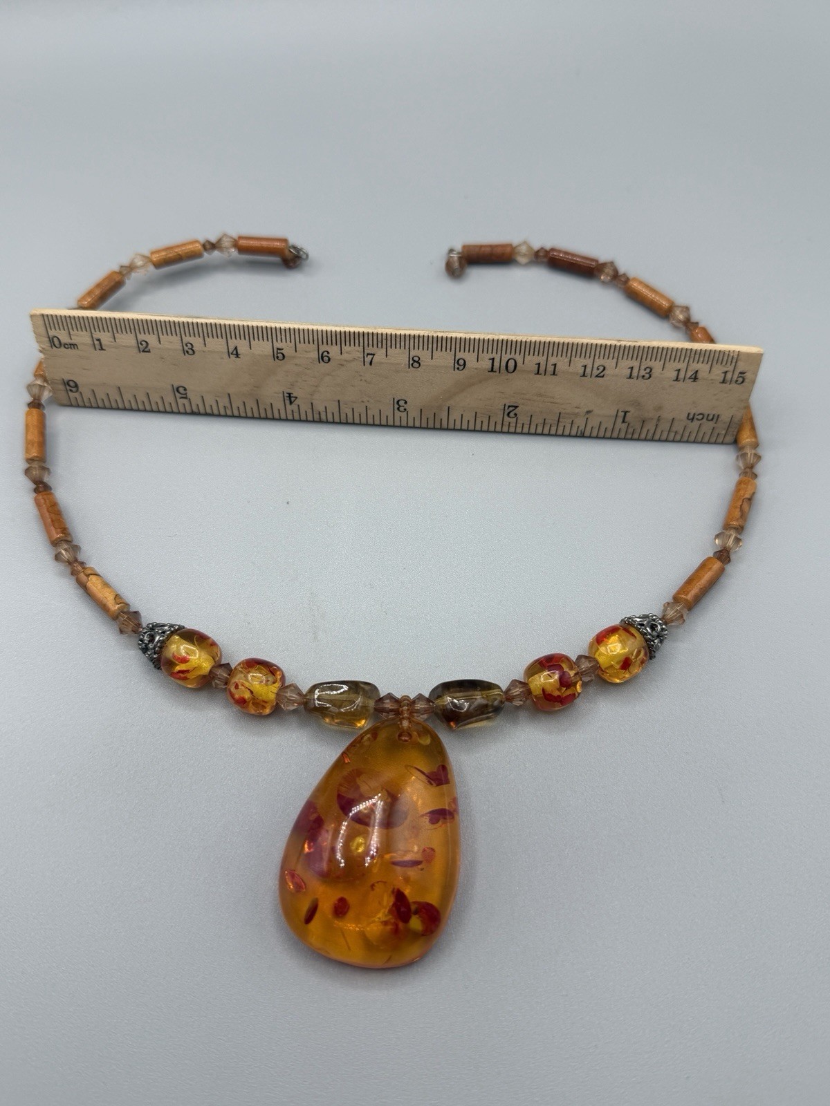 Vintage Amber Style Resin Pendant Necklace Beaded Statement Jewelry #999