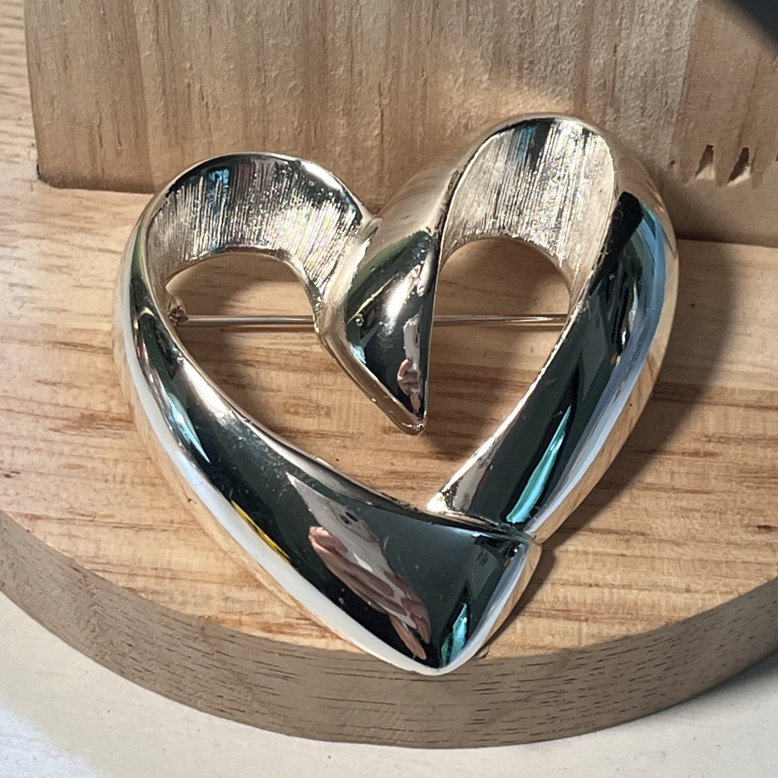 Vtg Chunky Silver Tone Metal Open Heart Brooch 2”