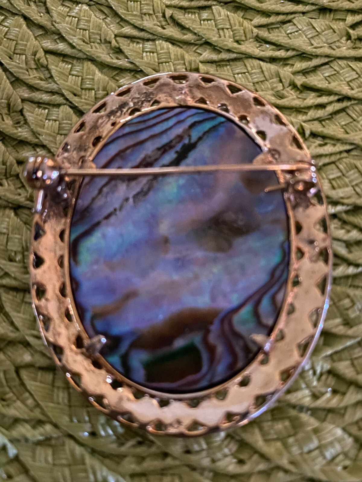 Oval Paua Shell Brooch In Silver Filigree Frame