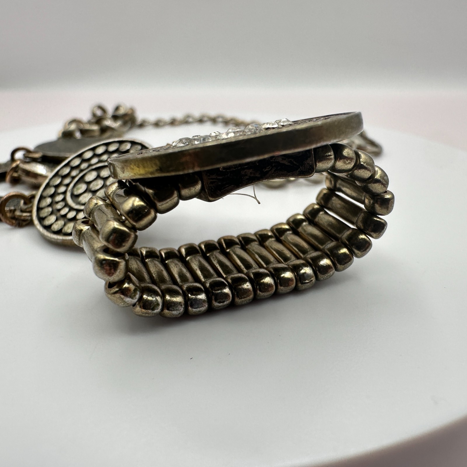 Vintage 90s Clear Glass Dots Bronze Tone Slave Bracelet Finger Ring Boho Jewelry