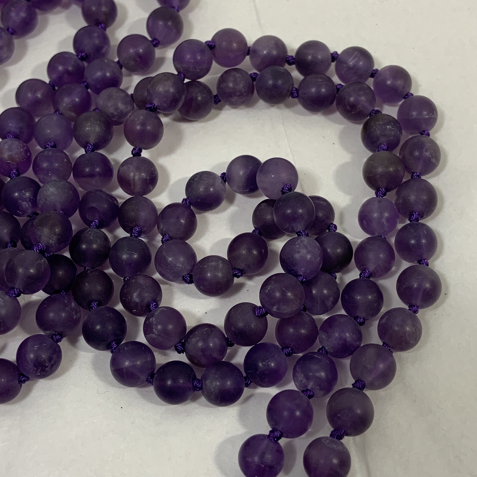 VTG Purple Amethyst Frosted Glass Bead Necklace Hand Knotted 63″ No Clasp 7mm