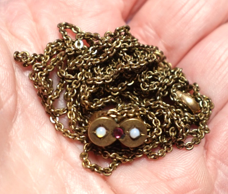 GOLD FILLED PEARL GARNET VICTORIAN CHAIN CHATELAINE NECKLACE W/ SLIDE 48″ J-786