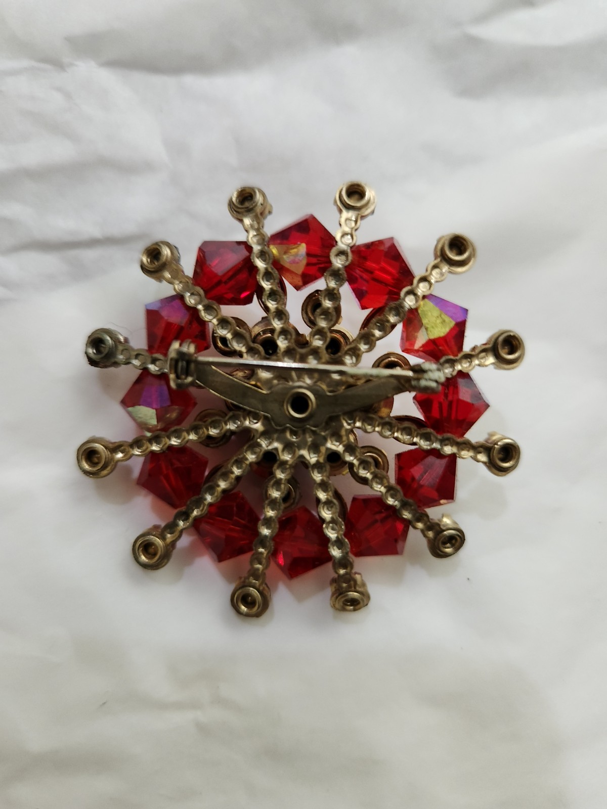 VTG Mid-Century Starburst Red Iridescent Rhinestone & Crystal Beads Brooch
