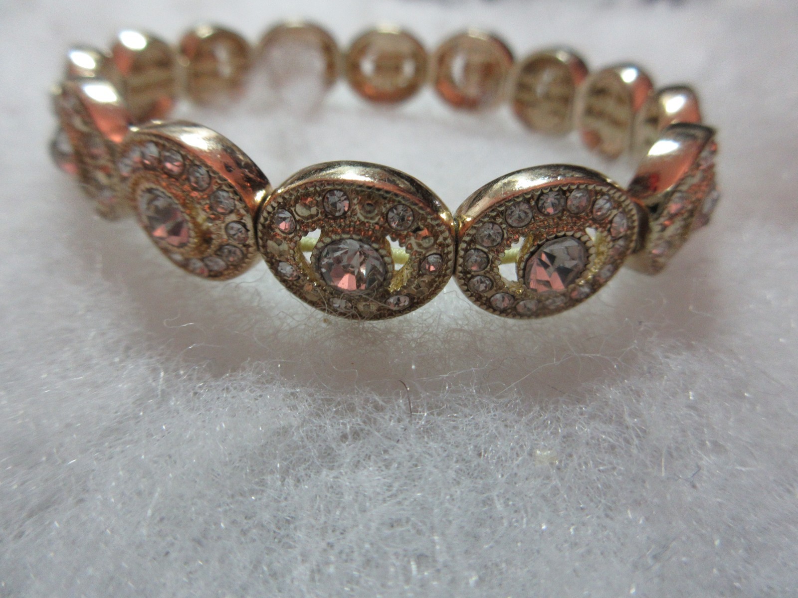 6 Older Rhinestone Bracelets Stretch Mostl Gold Tone 7.5″ Pink Green Gray Pearl