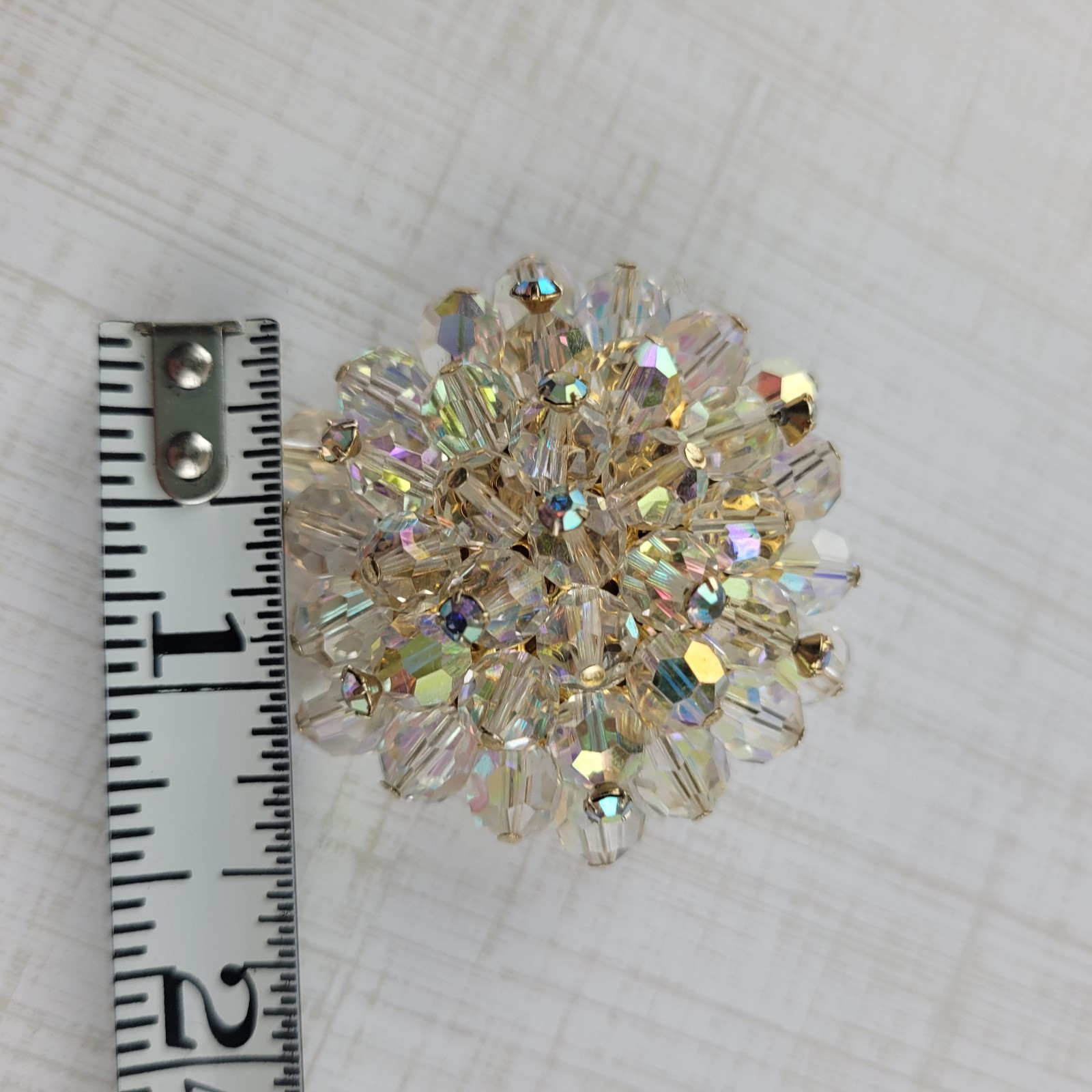 Vintage AB Faceted Crystal Cluster Round Domed Beaded Brooch