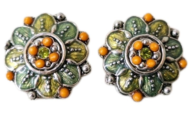VTG Dainty Enameled Art Deco Floral Cluster Silver Clip-on Earrings Green Orange