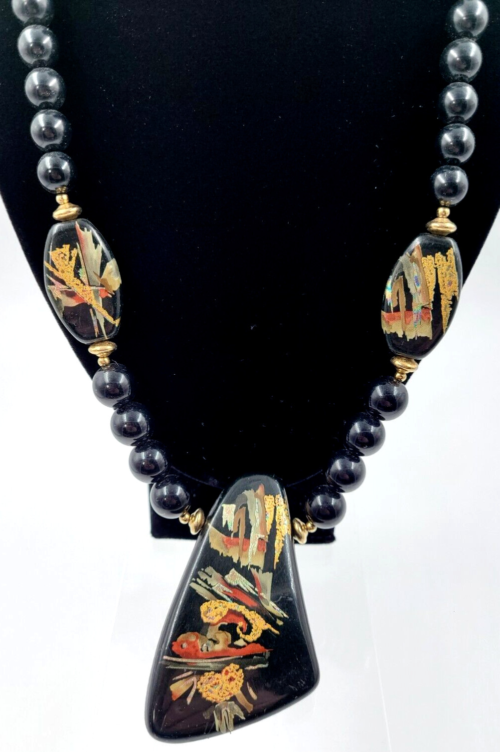 Vintage Asian Hand Painted Black/Gold/Red Lacquer Necklace Made in Japan