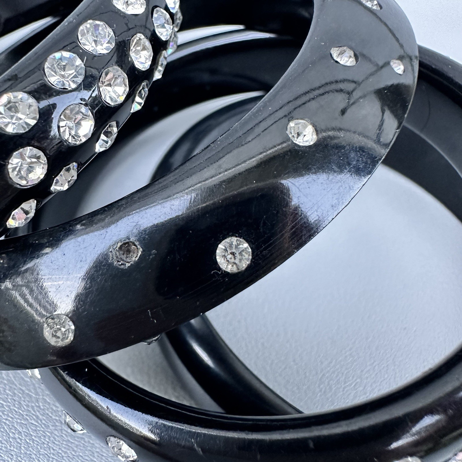 Vintage Bangle Stack Black Rhinestone Sculptural Mod Lucite Acrylic Bracelet