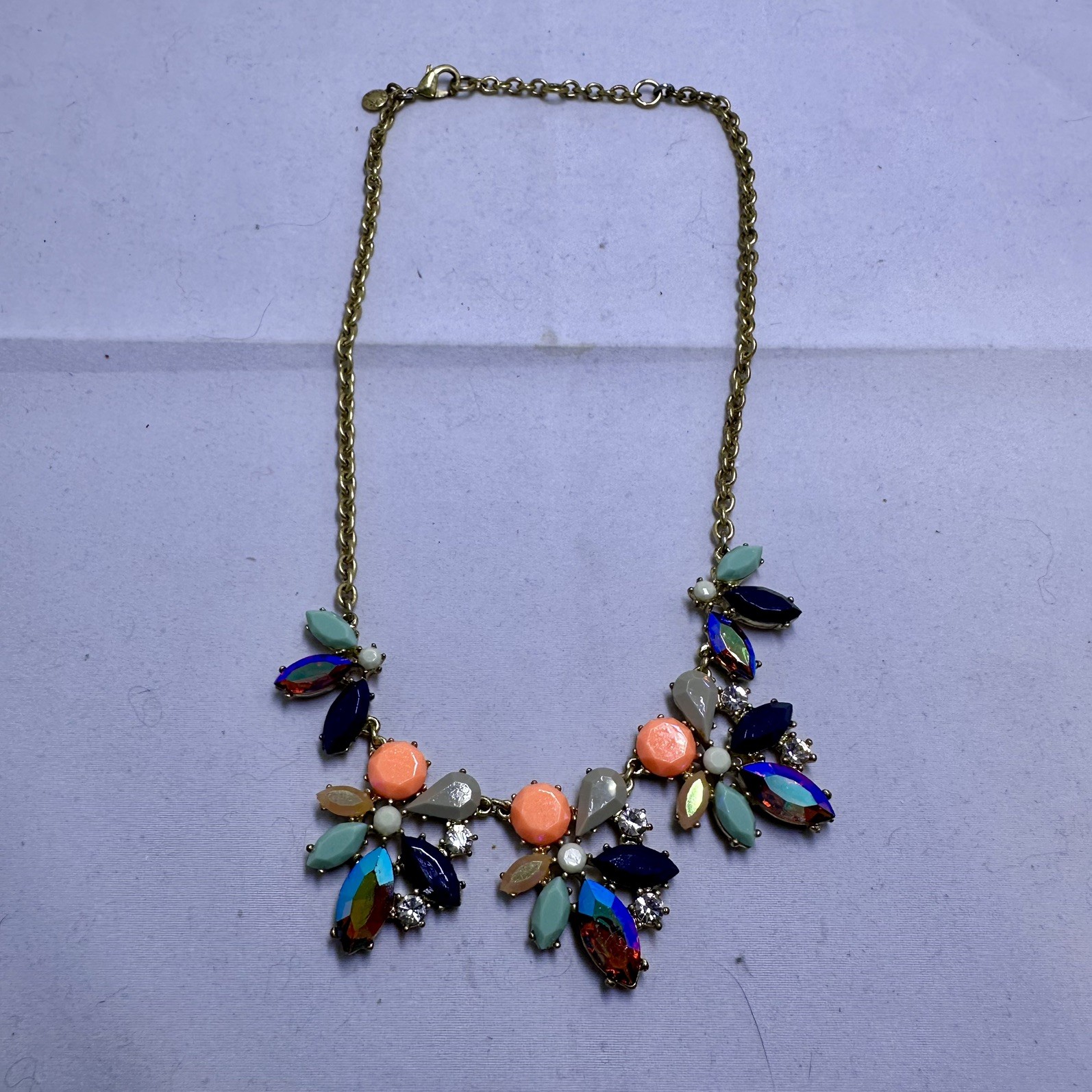J. Crew GoldTone Multicolor Rhinestone Cluster Flower Necklace 19” adjustable
