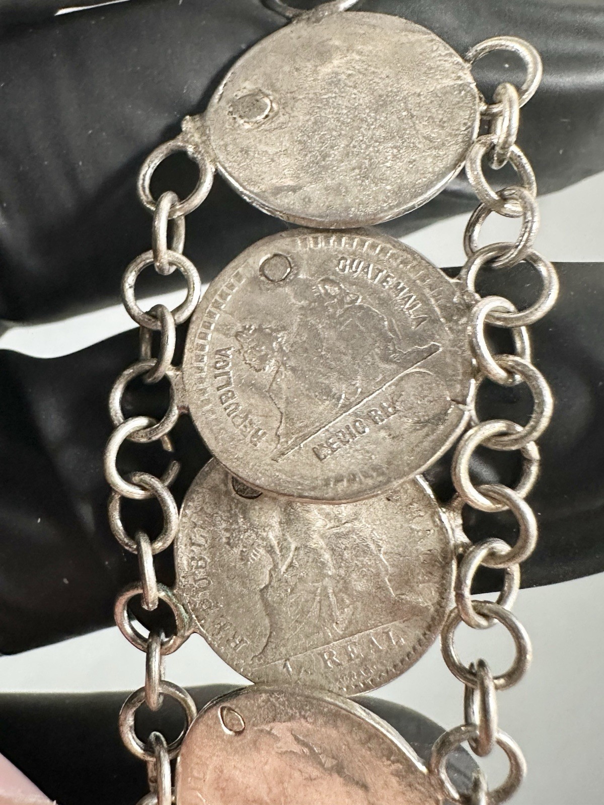 Antique 835 Silver 1800s Guatemala Coins Charm Bracelet 7” Inches