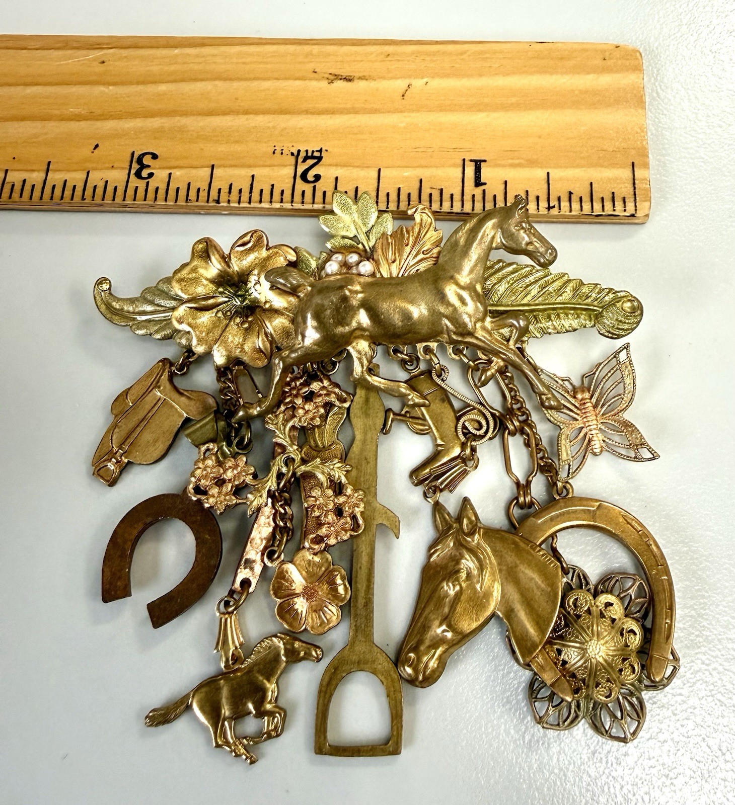 Vintage Equestrian Horse Charm Dangle Brooch Running Horse Horseshoe Stirrup
