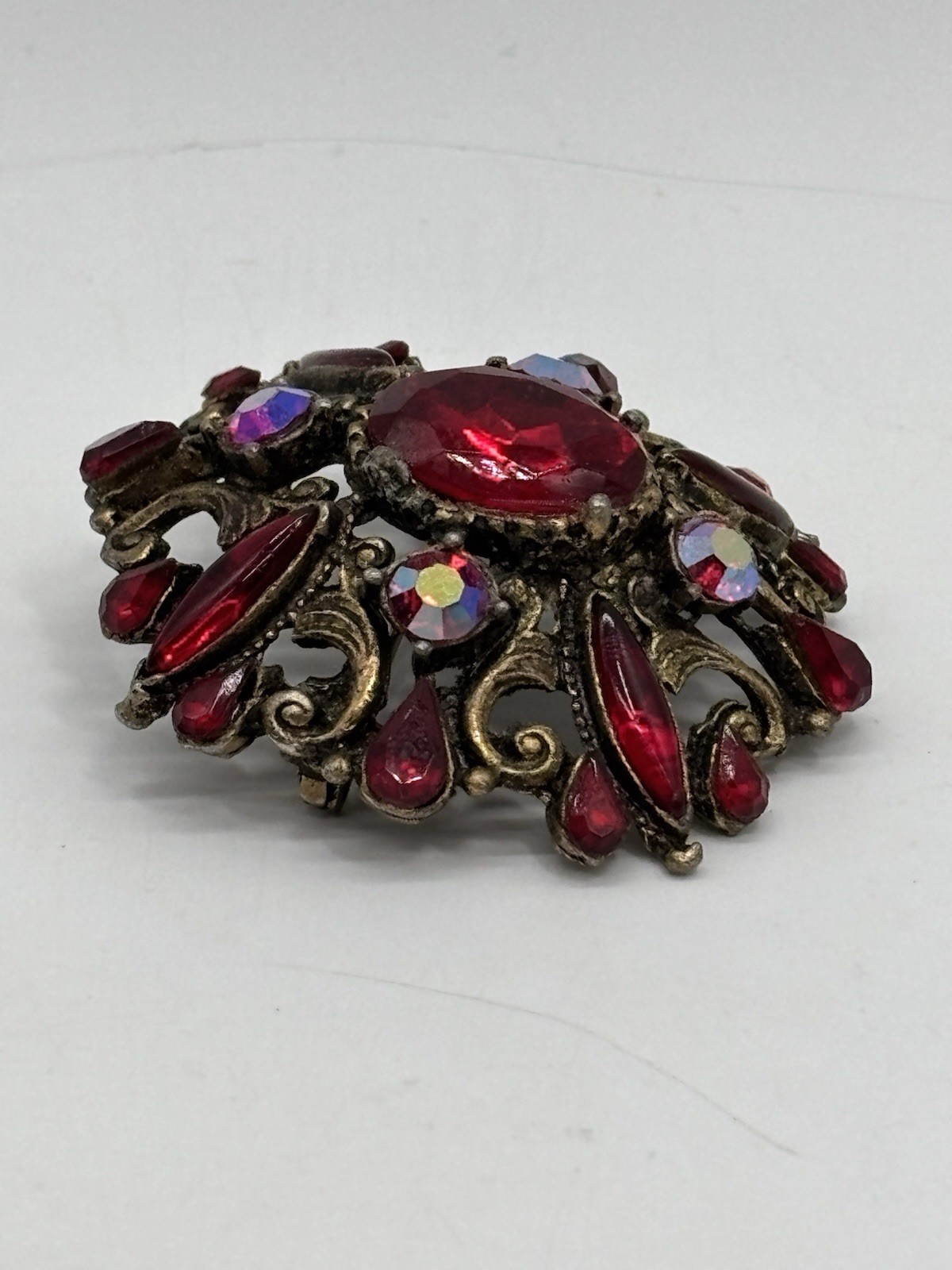 Vintage Red And Iridescent Rhinestone Brooch Antique Gold Tone 2”