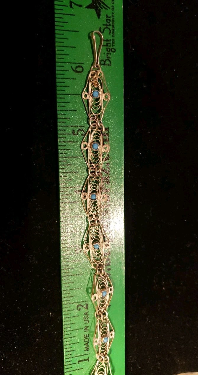Vintage 6″ Filigree Silver Tone Bracelet With Small Blue Stones