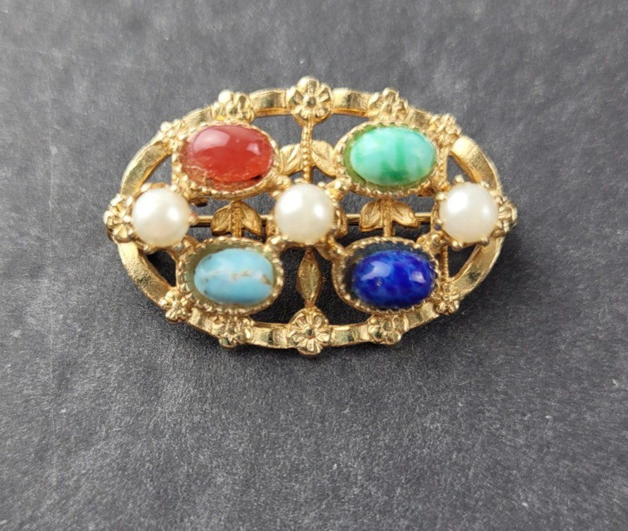 Tiny Gold Tone Multicolor Cabochon Stones Scatter Pin