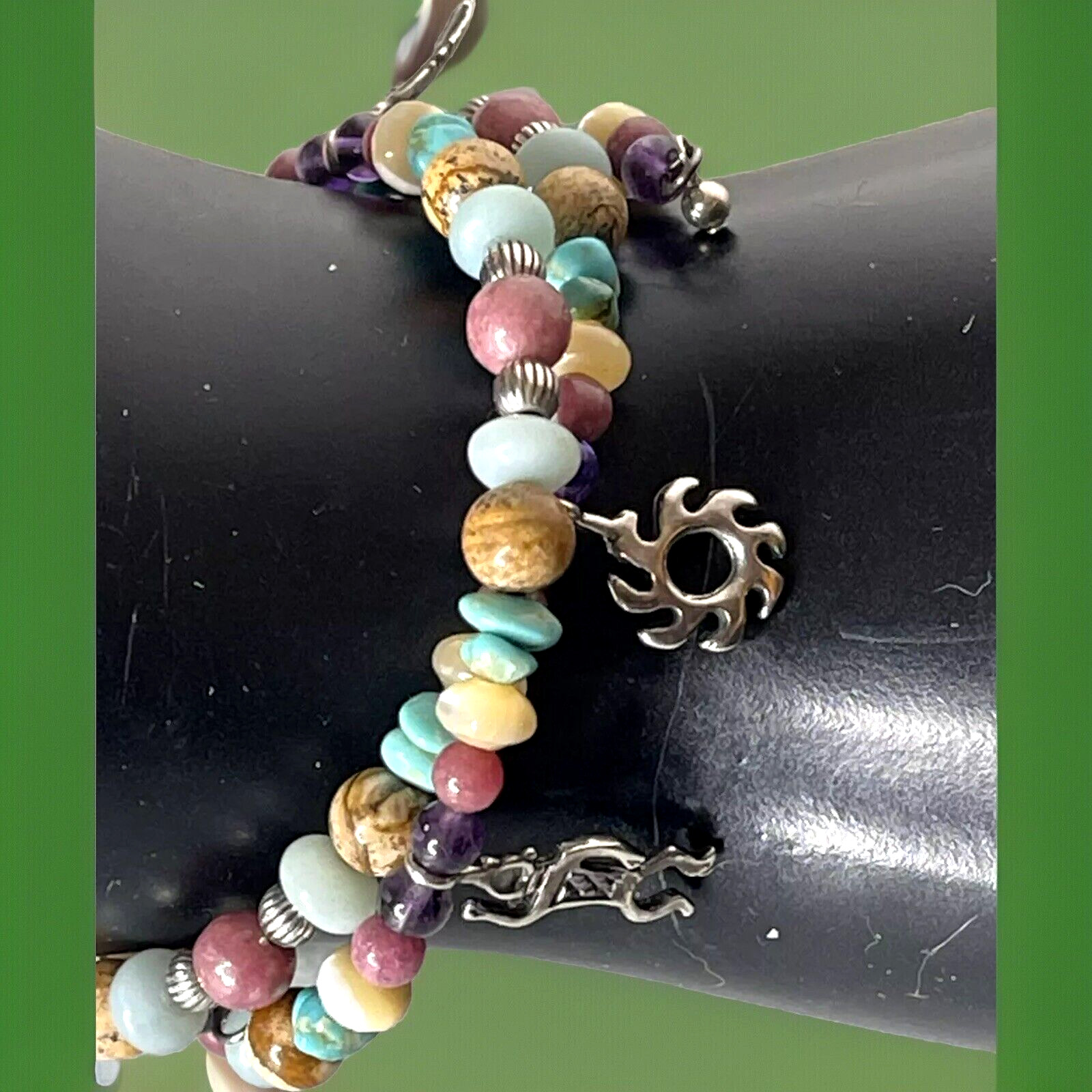 Vtg South Western Genuine Stone Bead Bracelet 6 Sterling Silver Indian Charms