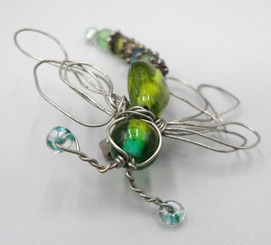 Vintage Dragonfly Brooch Art Glass Beads Wire Work 70s Retro Hippie Boho 3″