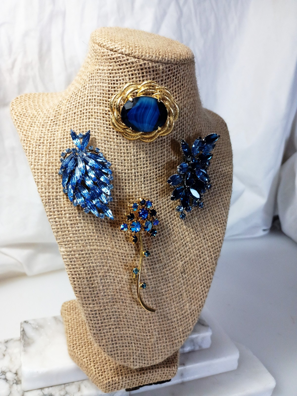 Rhinestone Costume Vintage Jewelry Lot, 4 Piece, Blue, Silver Tones, Gold Tones