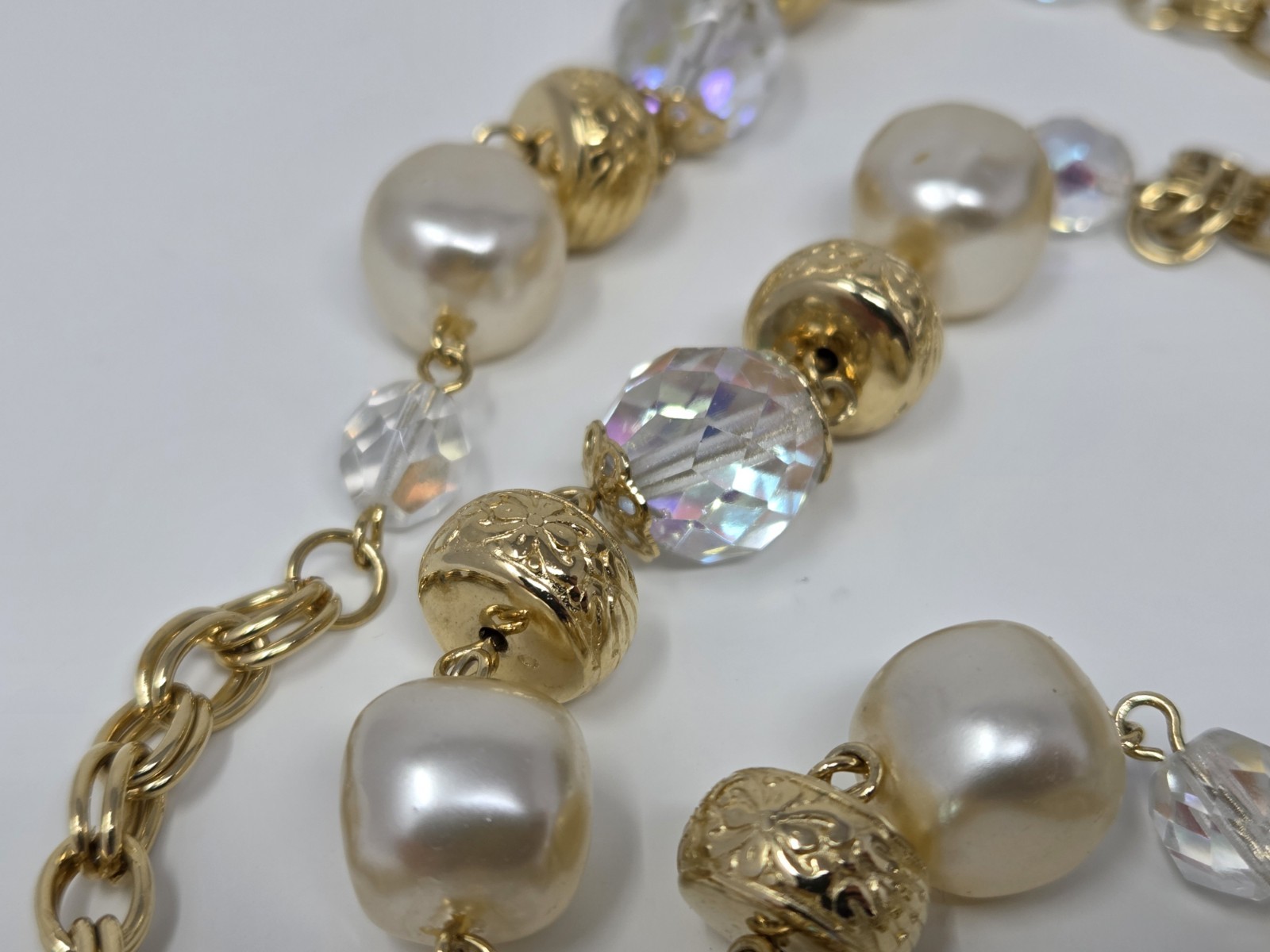 Gold Tone AB Crystal & Faux Pearl Chain Necklace 60 Inches Long Vintage
