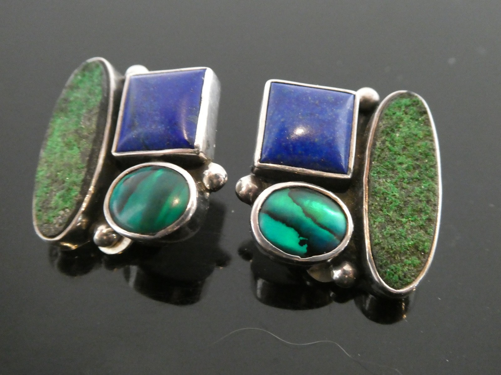 Amy Kahn Russell AKR Uvarovite Lapis Abalone Shell Sterling 925 Clip Earrings
