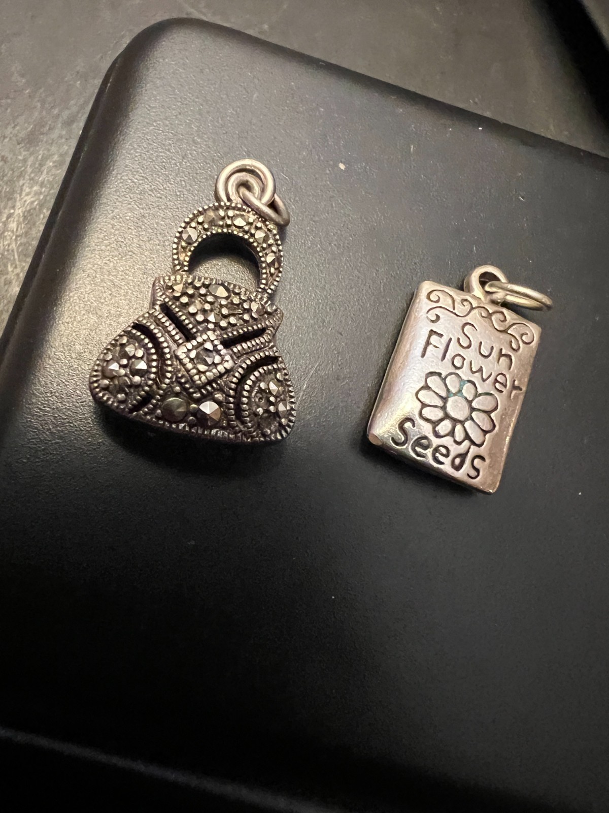 Sterling Silver Lot 2 Pendant Marcasite Purse and Seeds