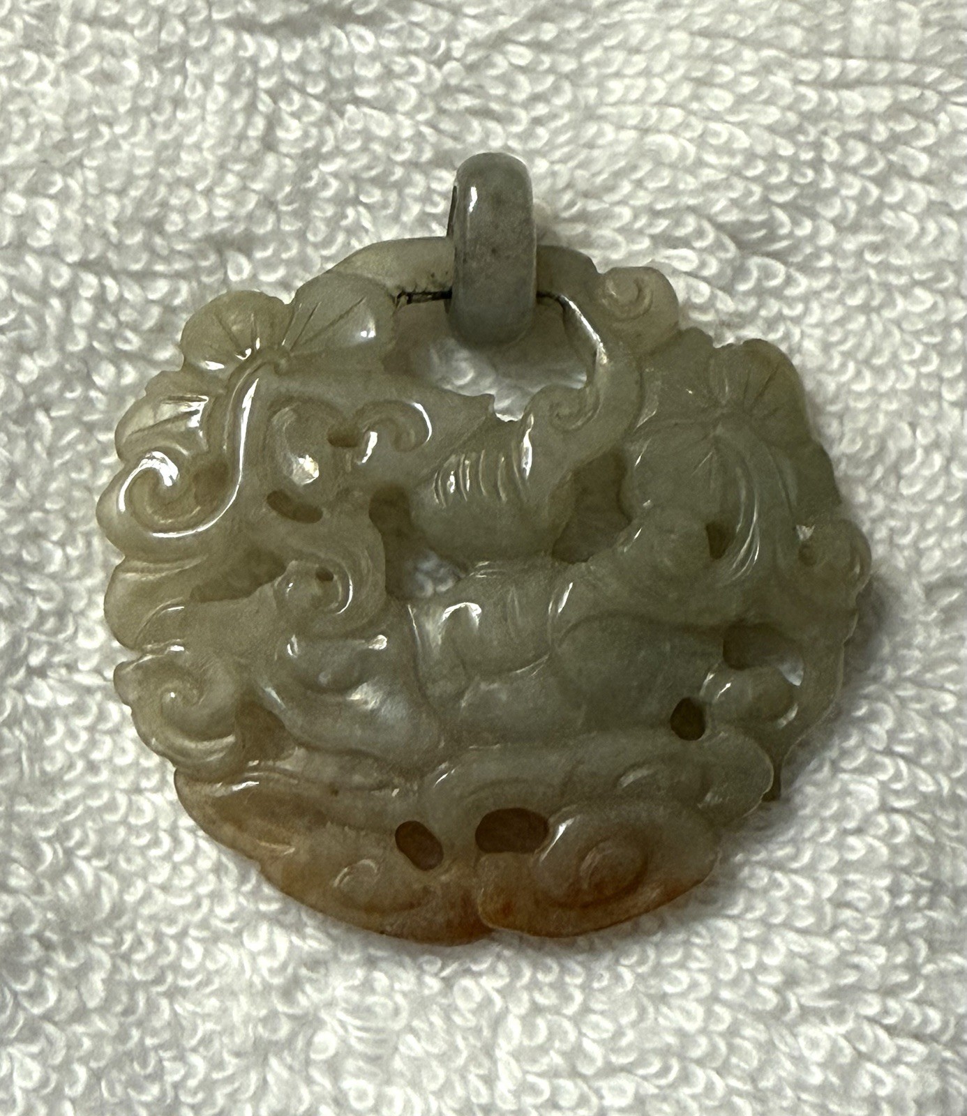 Vintage Carved Jadeite Pendant 26g Natural Green Russet Jade Child Lotus Motif