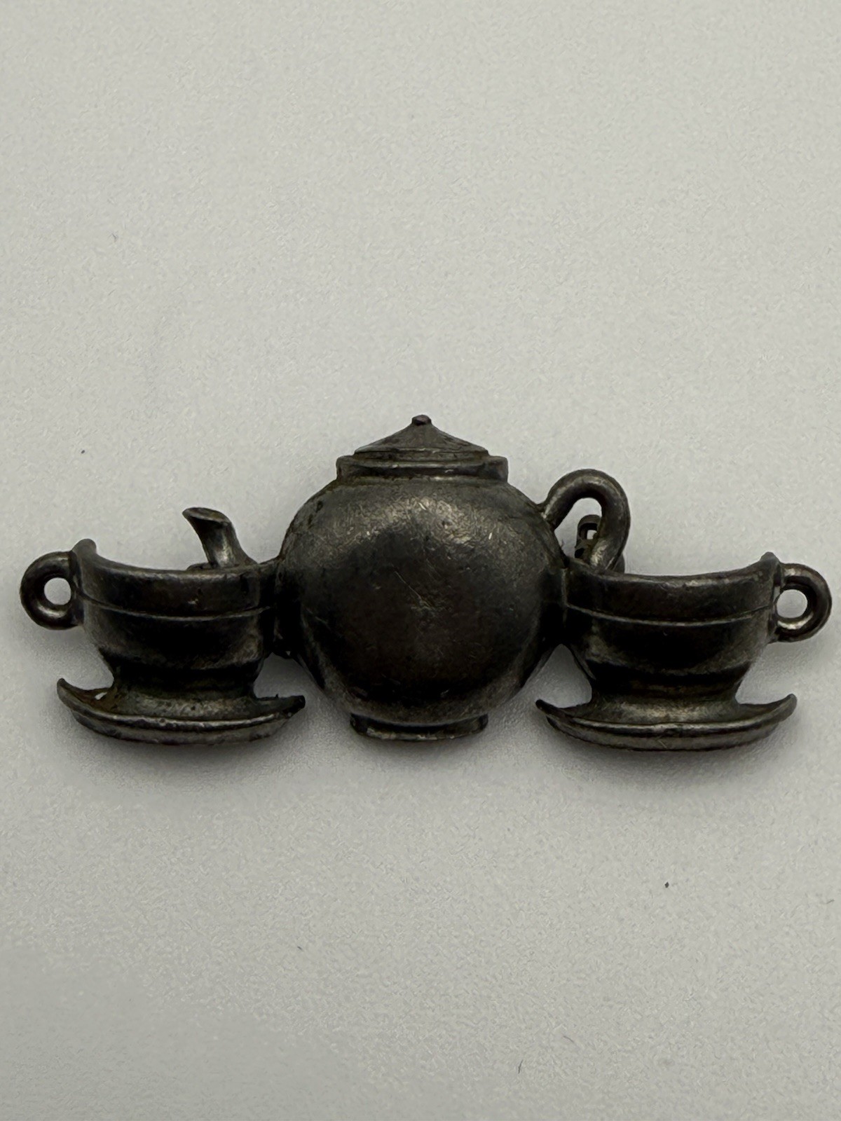 Vintage Jim Clift Tea Time Brooch Pin Teapots & Teacups Pewter 2.2 Inches