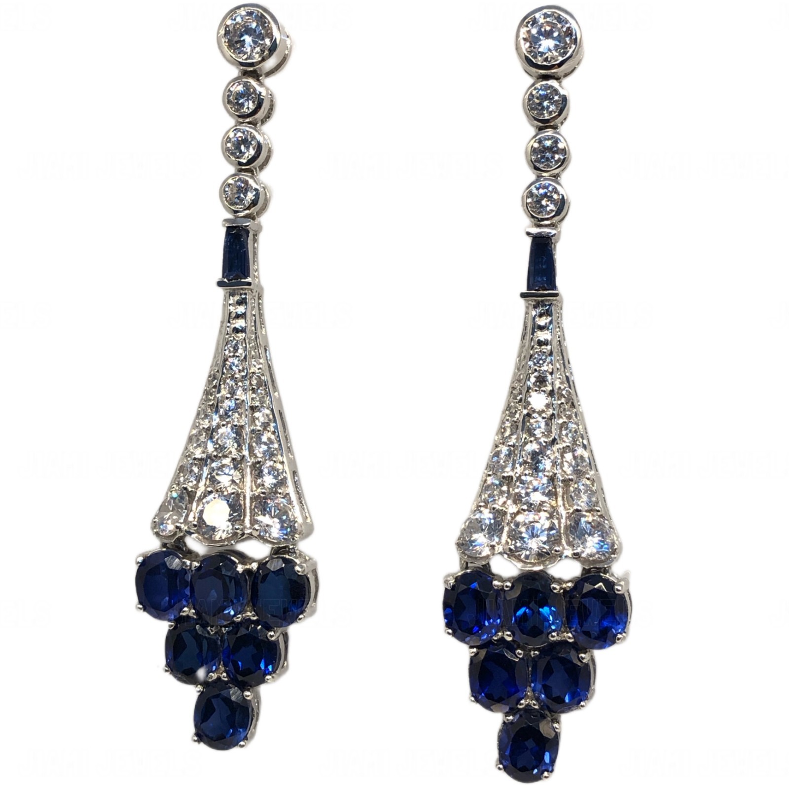 Art Deco Simulated Diamond Blue Sapphire Chandelier Drop Earrings 925 Silver