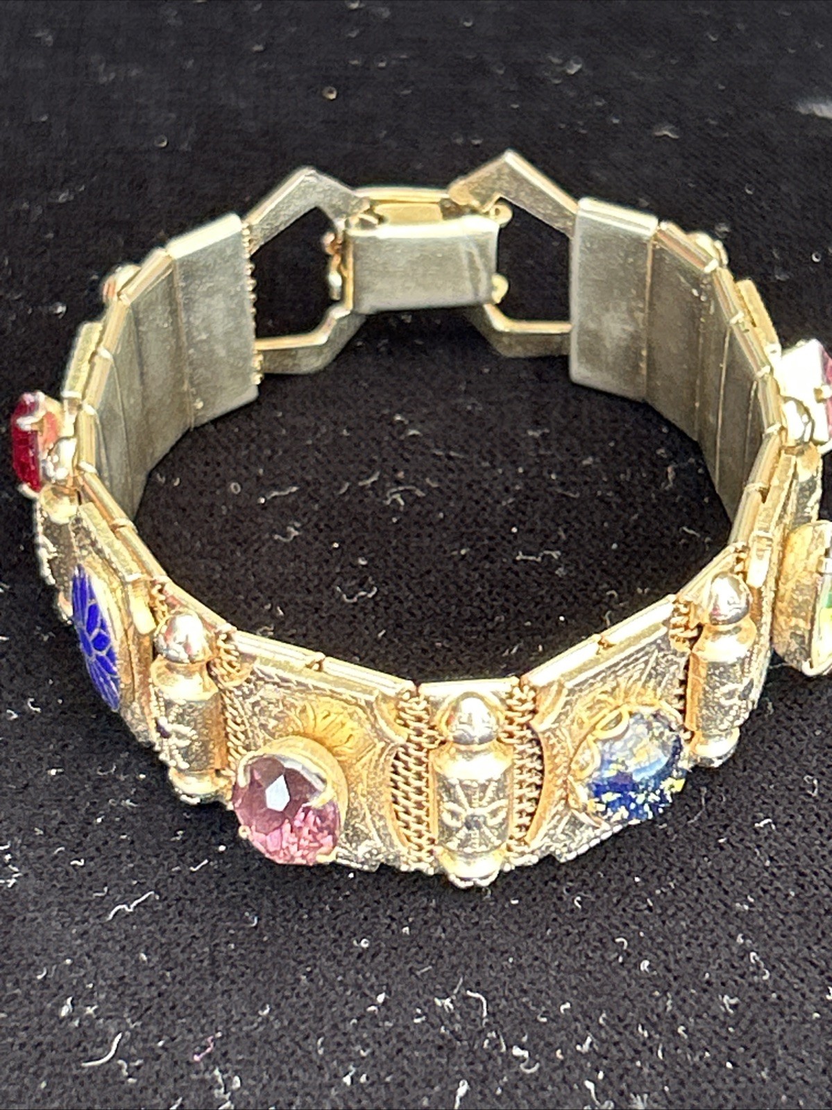Vintage Mesh 7″ Bracelet Victorian Revival Station Stone Charms