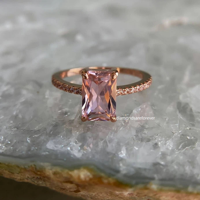 Pink Tourmaline Emerald & Round Cut 2.60CT Moissanites In 10K Rose Gold FN Ring