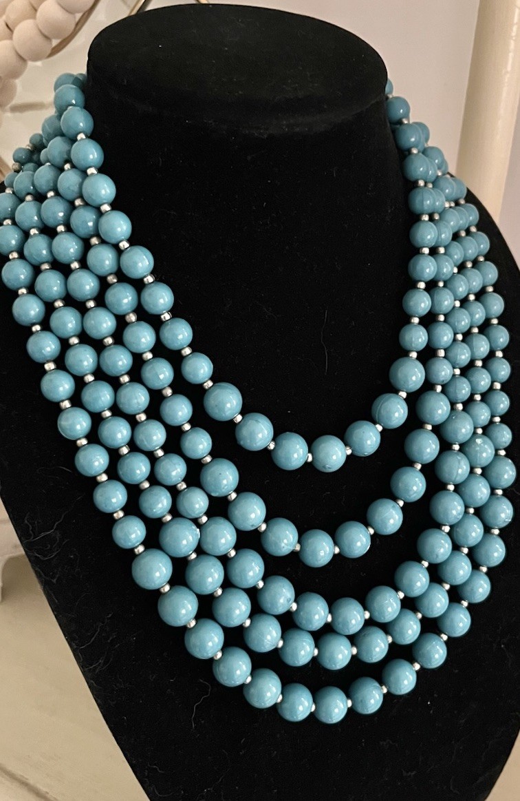 Vintage Turquoise Teal Blue Multi 5 Layered Beaded Silver Graduated Bib Necklace