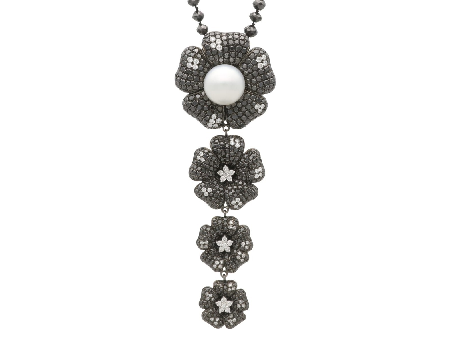Cultured Pearl, Black Diamond, White Diamond, 18k Oxidised White Gold Pendant