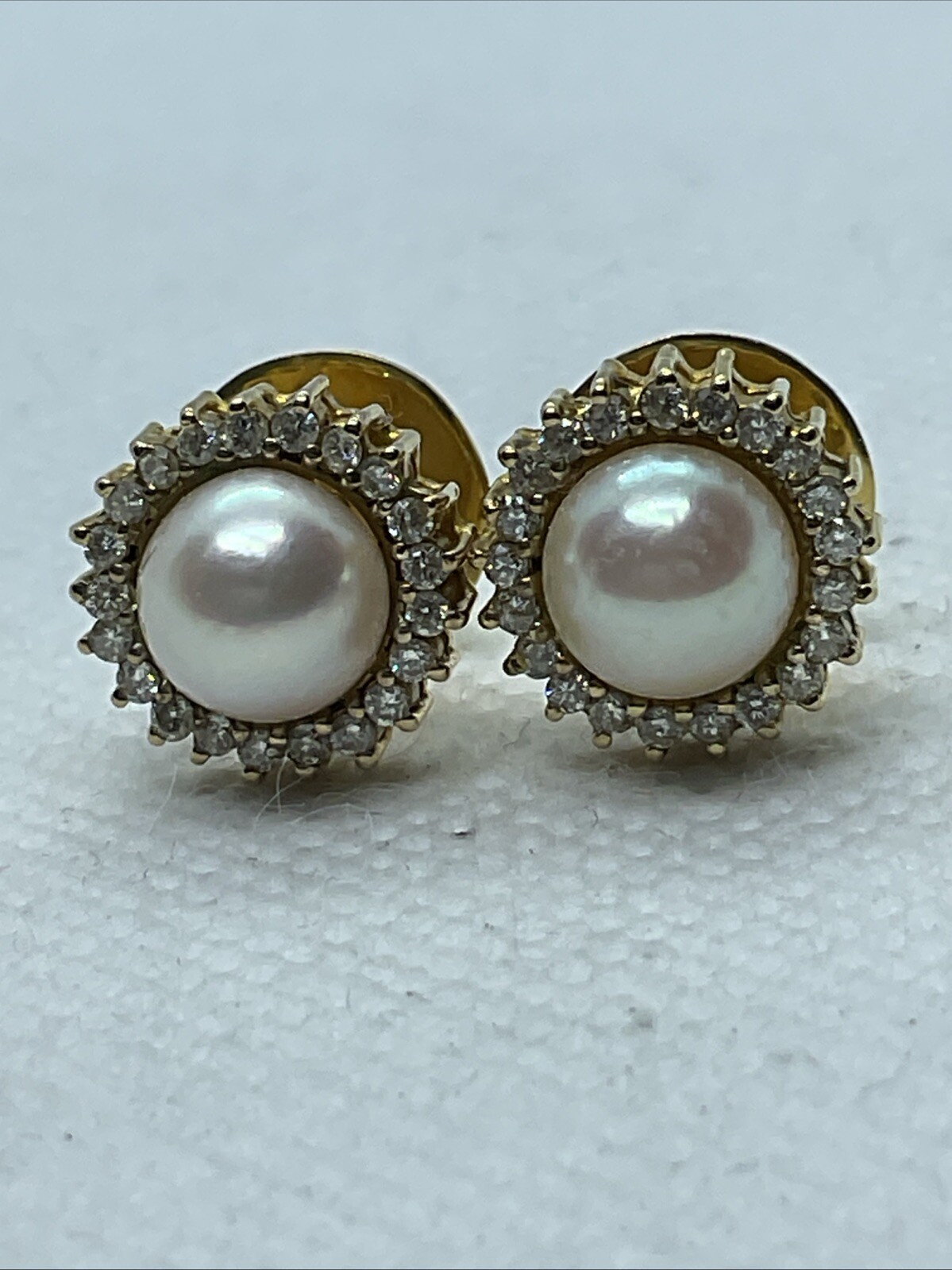 VINTAGE HANDMADE Solid 12K Yellow Gold Pearl & Diamond HALO Style STUD Earrings