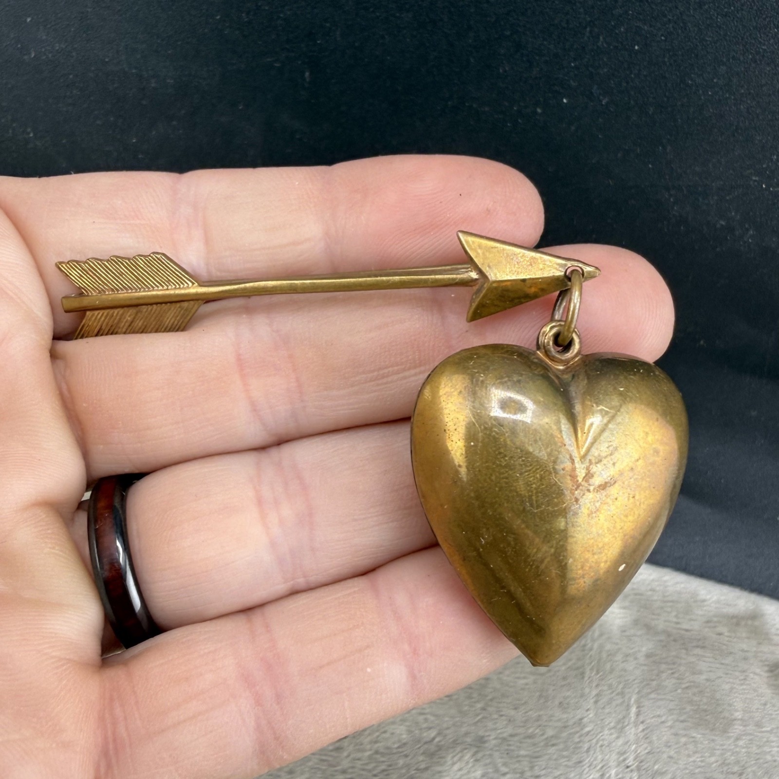 Vintage Brooch Lot of 2 Puff Heart Arrow Gold Tone