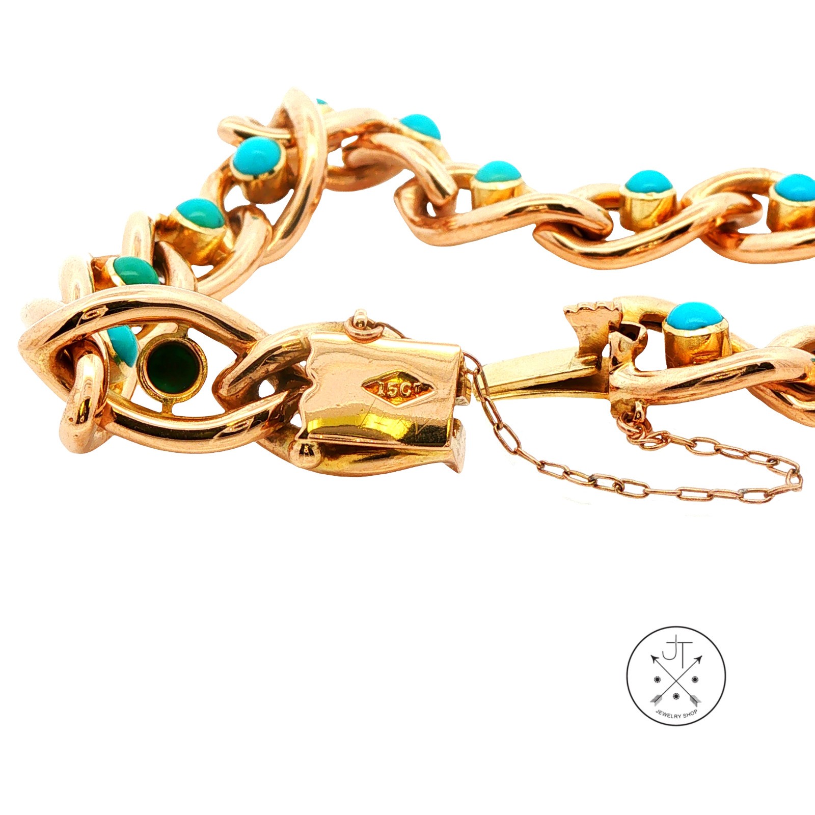 Antique 15k 15ct Yellow Gold Victorian Curb Link Bracelet with Turquoise 7.25 in