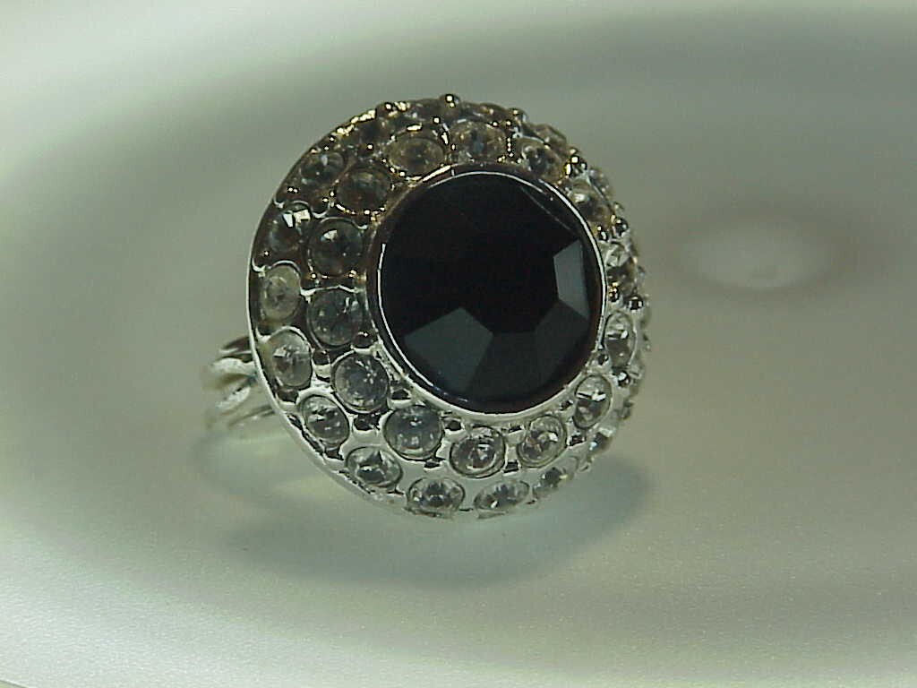 Vintage signed Monet silver tone faceted black glass with white rhinestones earr